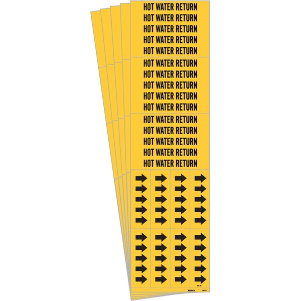 HOT WATER RETURN Pipe Marker Style 3C Arrows Polyester BK on YL 3 per Card, 5 PK